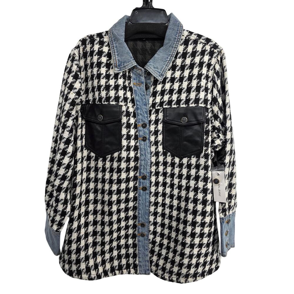 Tribal NEW Houndstooth Shacket Denim Faux Leather Accents Size XXL Black White